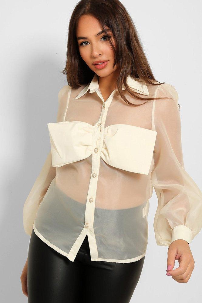 Pearl Buttons Bow Detail Sheer Organza Shirt-SinglePrice