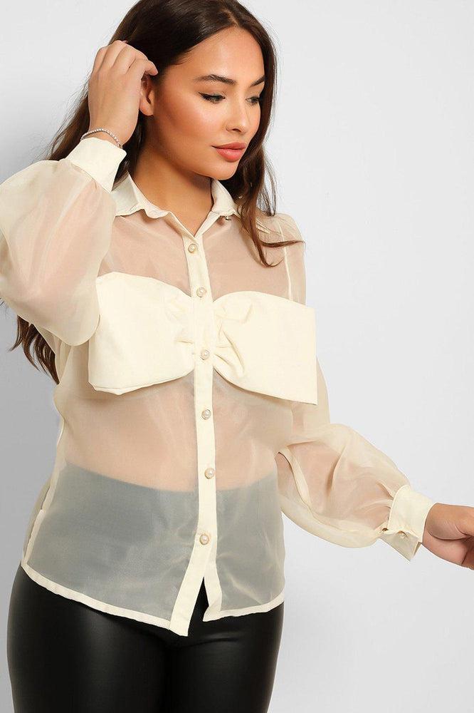 Pearl Buttons Bow Detail Sheer Organza Shirt-SinglePrice