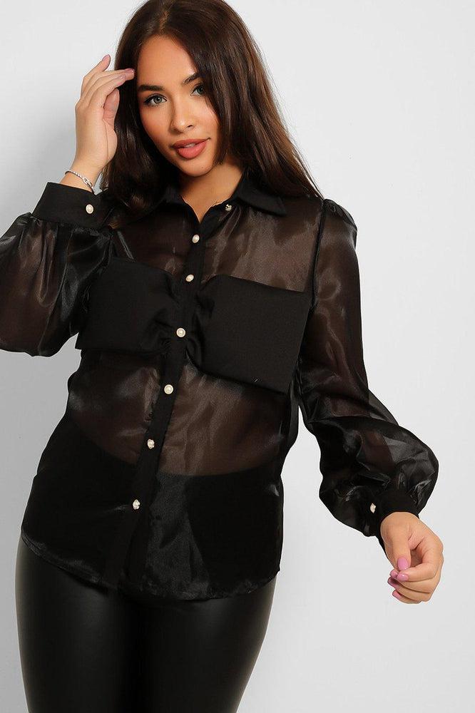 Pearl Buttons Bow Detail Sheer Organza Shirt-SinglePrice