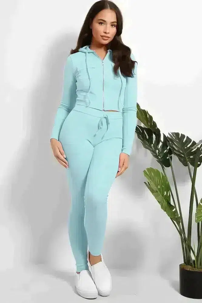Zipped Cropped Hoodie Top And Leggings Set-SinglePrice