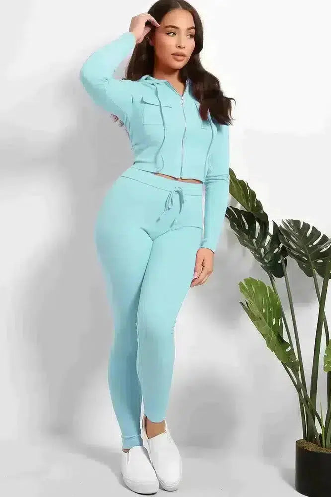 Zipped Cropped Hoodie Top And Leggings Set-SinglePrice