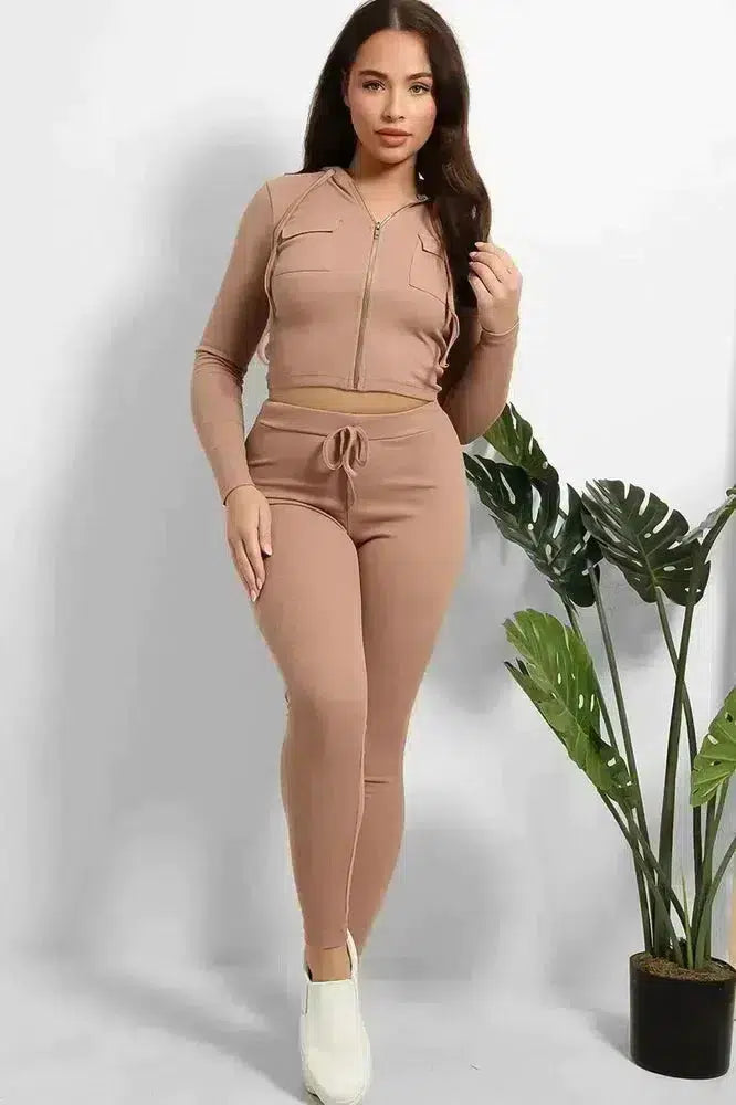 Zipped Cropped Hoodie Top And Leggings Set-SinglePrice