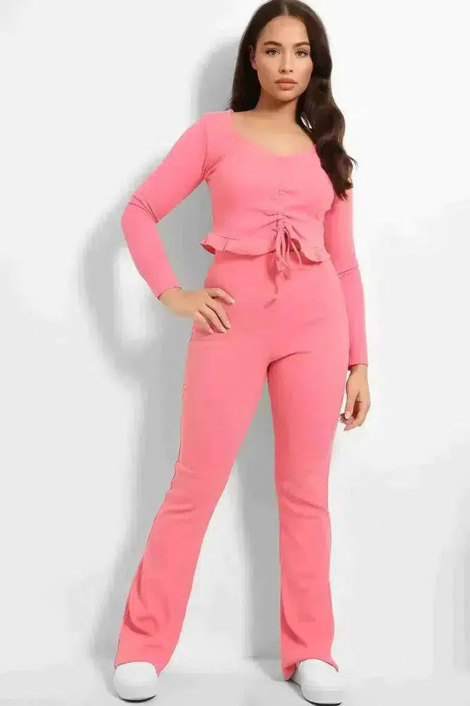Drawstring Frilled Top Ribbed Jersey Set-SinglePrice