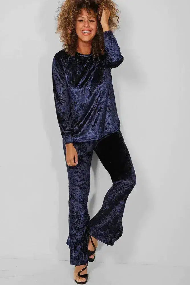 Blue Crushed Velvet 2 Piece Loungewear Set-SinglePrice