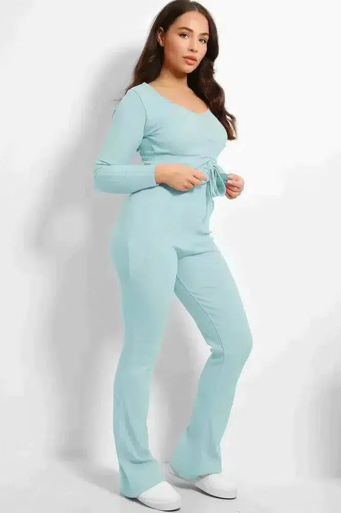 Drawstring Frilled Top Ribbed Jersey Set-SinglePrice