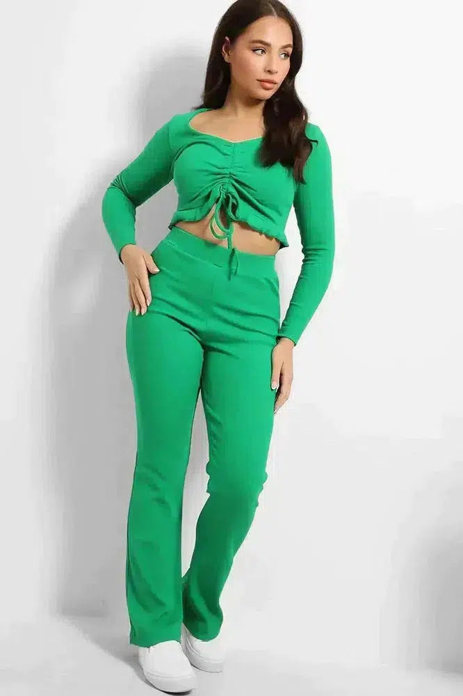Drawstring Frilled Top Ribbed Jersey Set-SinglePrice