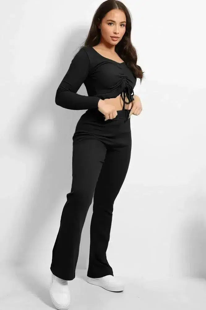 Drawstring Frilled Top Ribbed Jersey Set-SinglePrice