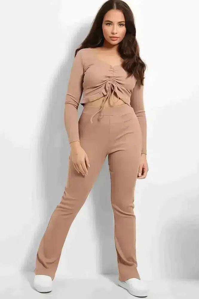 Drawstring Frilled Top Ribbed Jersey Set-SinglePrice