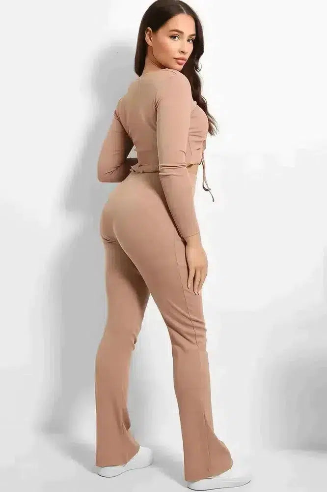 Drawstring Frilled Top Ribbed Jersey Set-SinglePrice