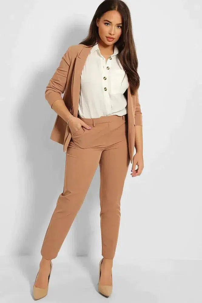 Ruched 3/4 Sleeves Open Blazer And Peg Leg Trousers Set-SinglePrice