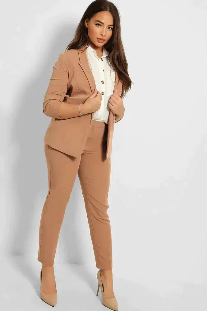 Ruched 3/4 Sleeves Open Blazer And Peg Leg Trousers Set-SinglePrice