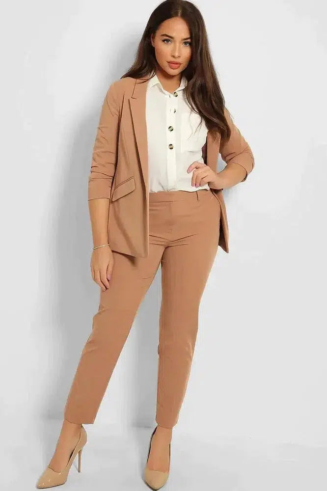 Ruched 3/4 Sleeves Open Blazer And Peg Leg Trousers Set-SinglePrice