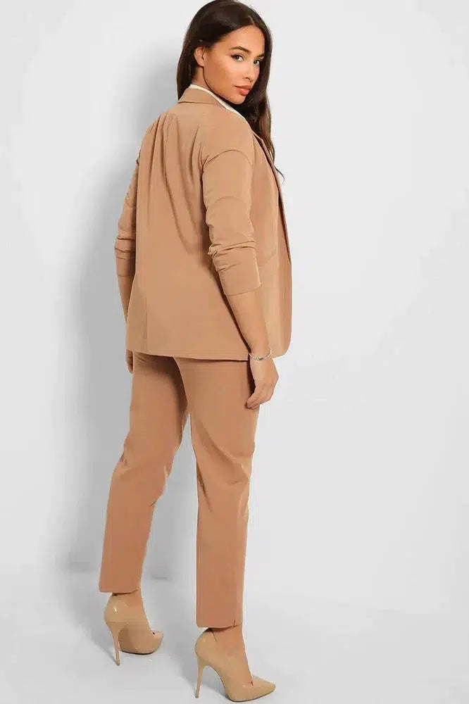 Ruched 3/4 Sleeves Open Blazer And Peg Leg Trousers Set-SinglePrice