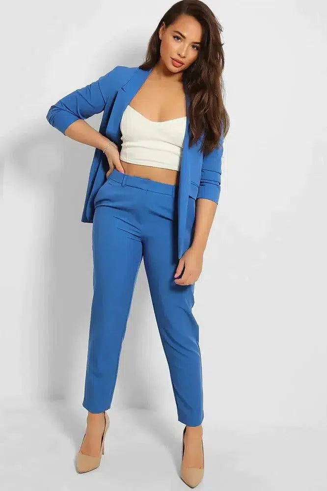 Ruched 3/4 Sleeves Open Blazer And Peg Leg Trousers Set-SinglePrice
