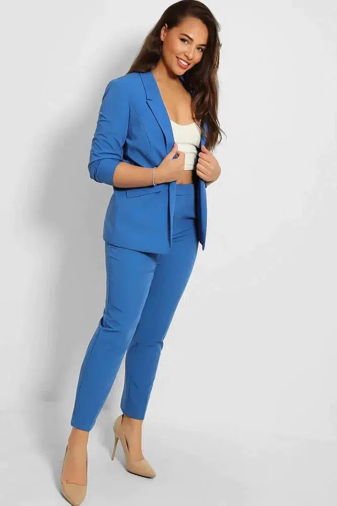 Ruched 3/4 Sleeves Open Blazer And Peg Leg Trousers Set-SinglePrice