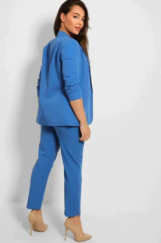 Ruched 3/4 Sleeves Open Blazer And Peg Leg Trousers Set-SinglePrice