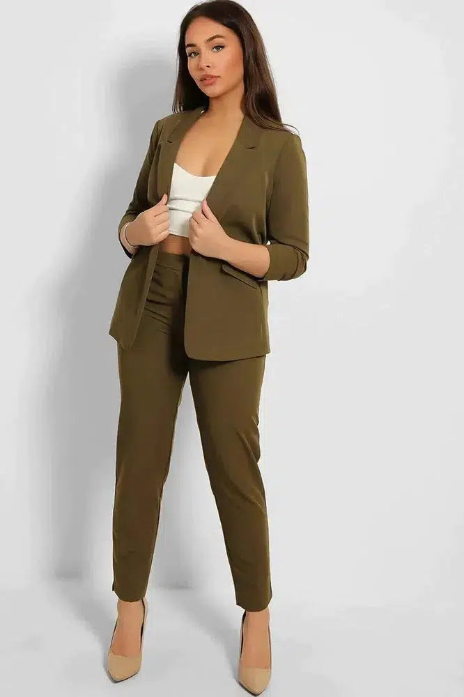 Ruched 3/4 Sleeves Open Blazer And Peg Leg Trousers Set-SinglePrice