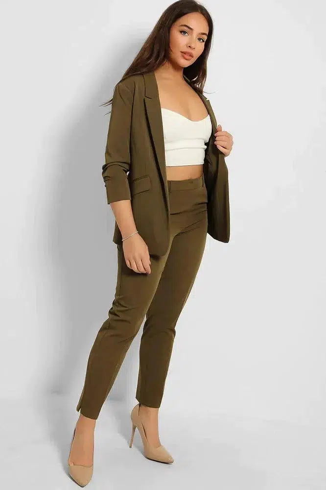 Ruched 3/4 Sleeves Open Blazer And Peg Leg Trousers Set-SinglePrice