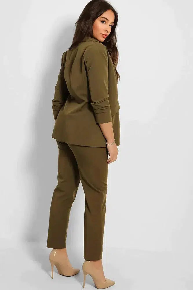 Ruched 3/4 Sleeves Open Blazer And Peg Leg Trousers Set-SinglePrice