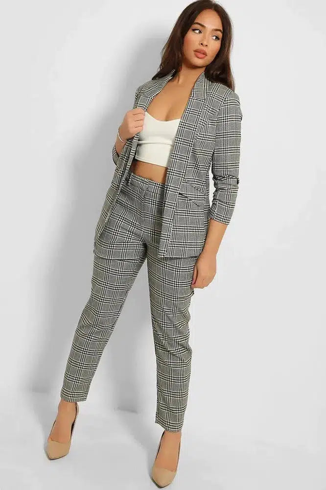 Ruched 3/4 Sleeves Open Blazer And Peg Leg Trousers Set-SinglePrice