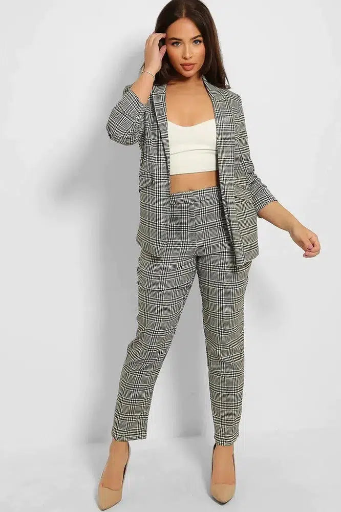 Ruched 3/4 Sleeves Open Blazer And Peg Leg Trousers Set-SinglePrice