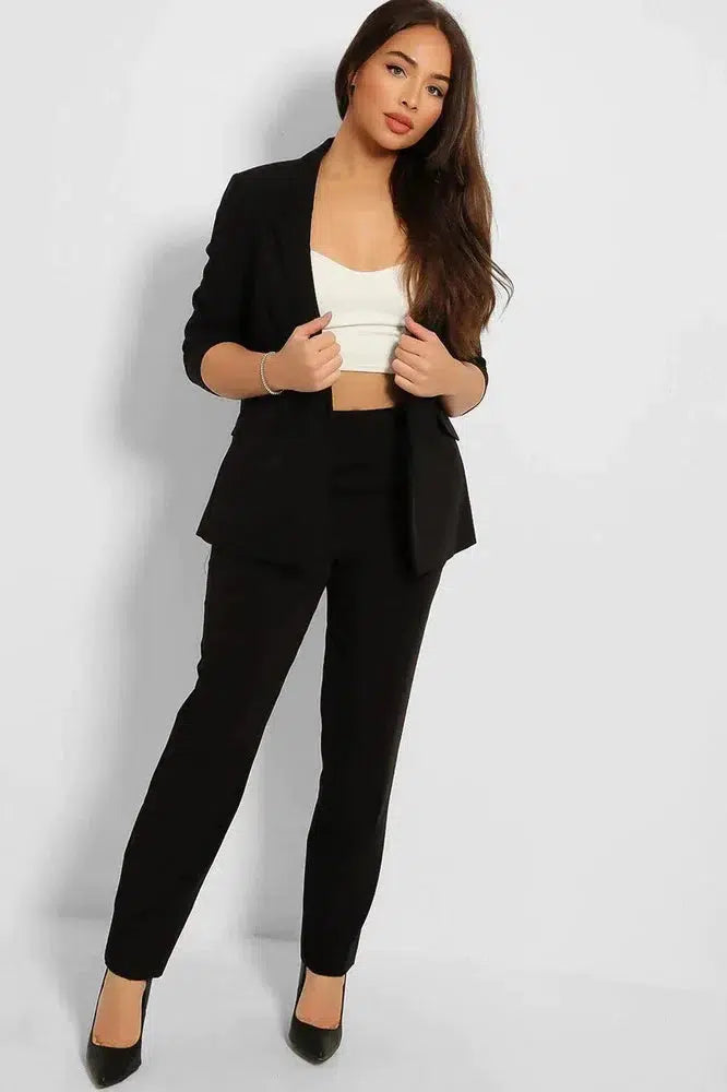 Ruched 3/4 Sleeves Open Blazer And Peg Leg Trousers Set-SinglePrice