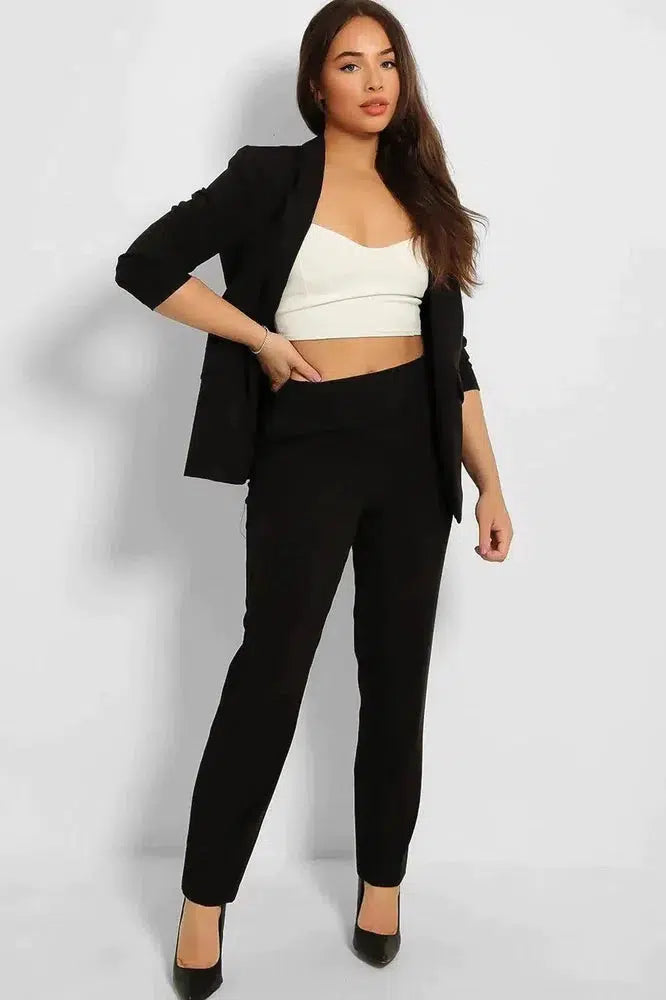 Ruched 3/4 Sleeves Open Blazer And Peg Leg Trousers Set-SinglePrice