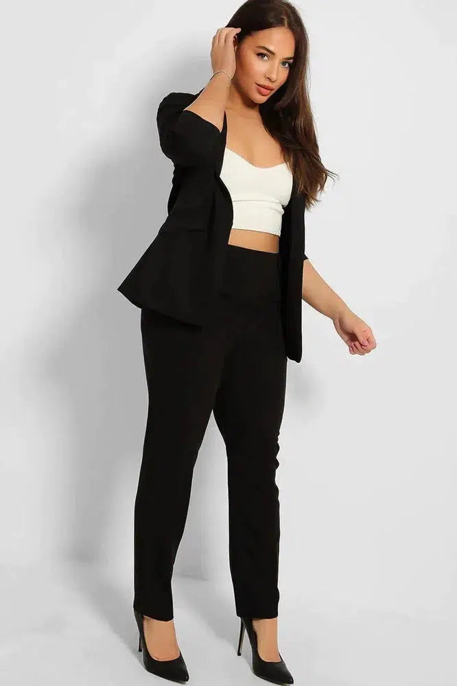 Ruched 3/4 Sleeves Open Blazer And Peg Leg Trousers Set-SinglePrice