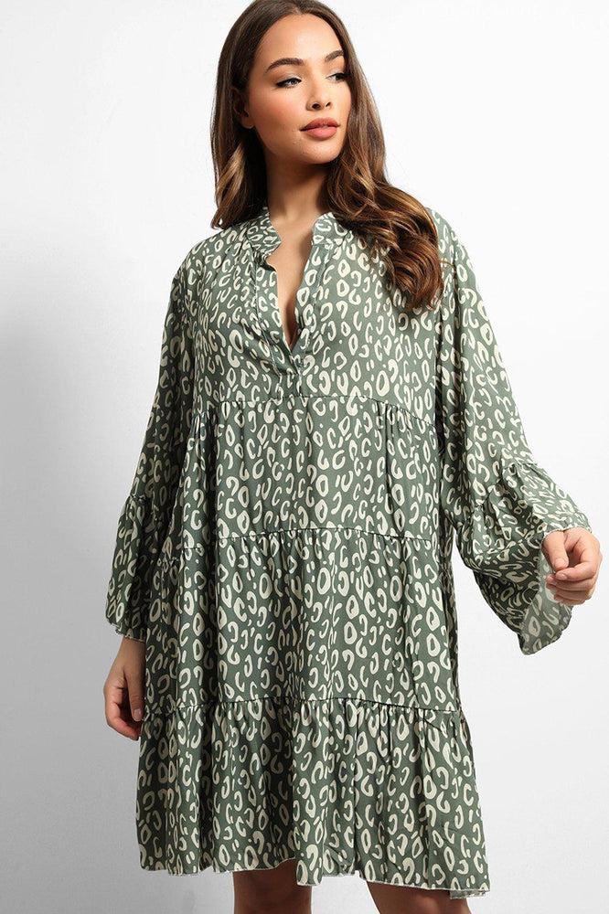 Khaki Leopard Print V-Neck Tiered Dress-SinglePrice