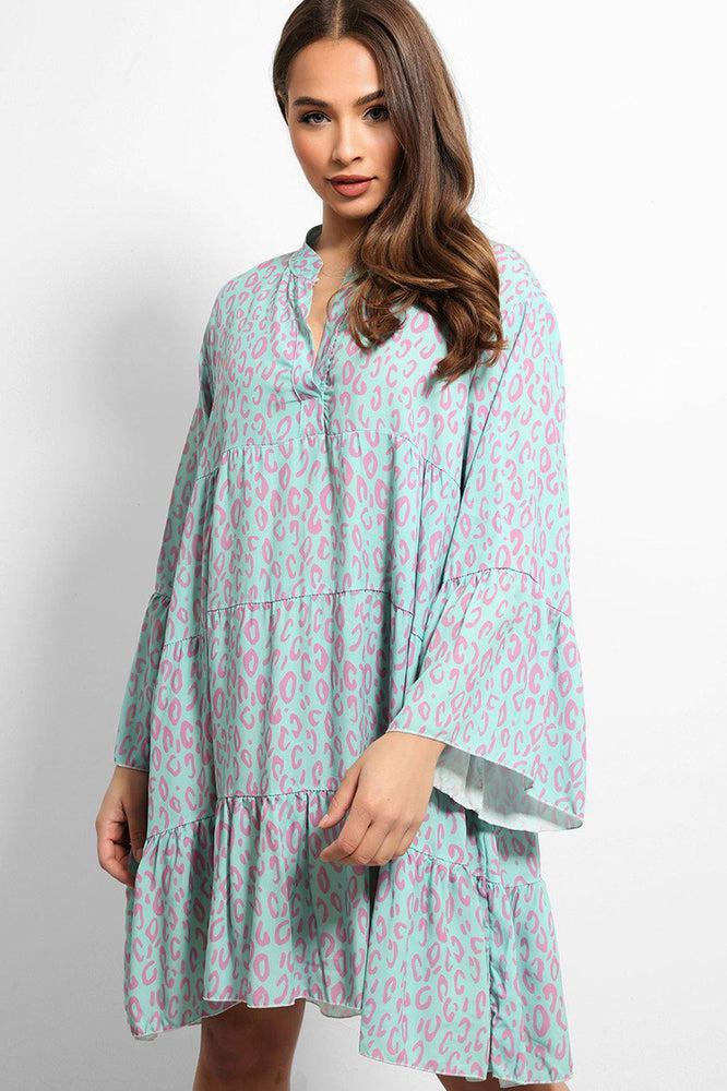 Mint Leopard Print V-Neck Tiered Dress-SinglePrice