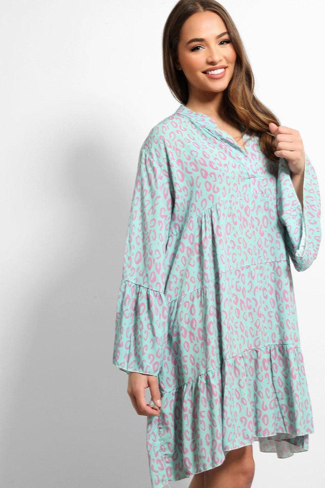 Mint Leopard Print V-Neck Tiered Dress-SinglePrice