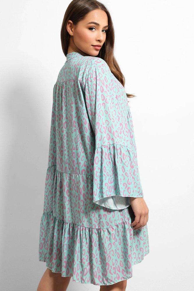 Mint Leopard Print V-Neck Tiered Dress-SinglePrice