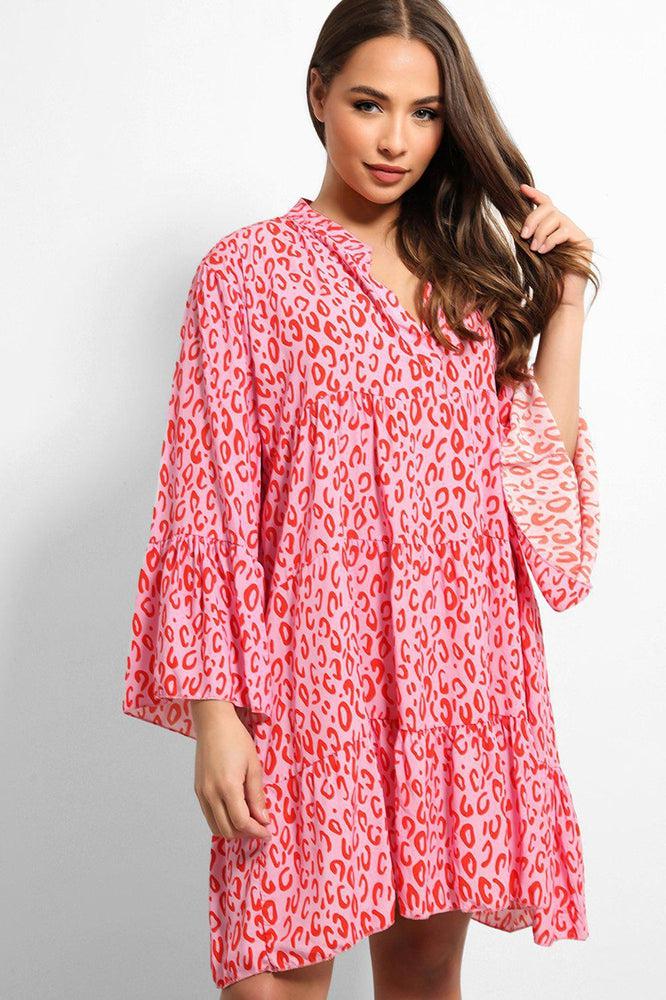 Pink Leopard Print V-Neck Tiered Dress-SinglePrice