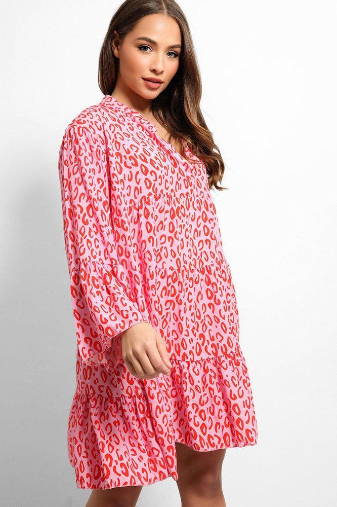 Pink Leopard Print V-Neck Tiered Dress-SinglePrice