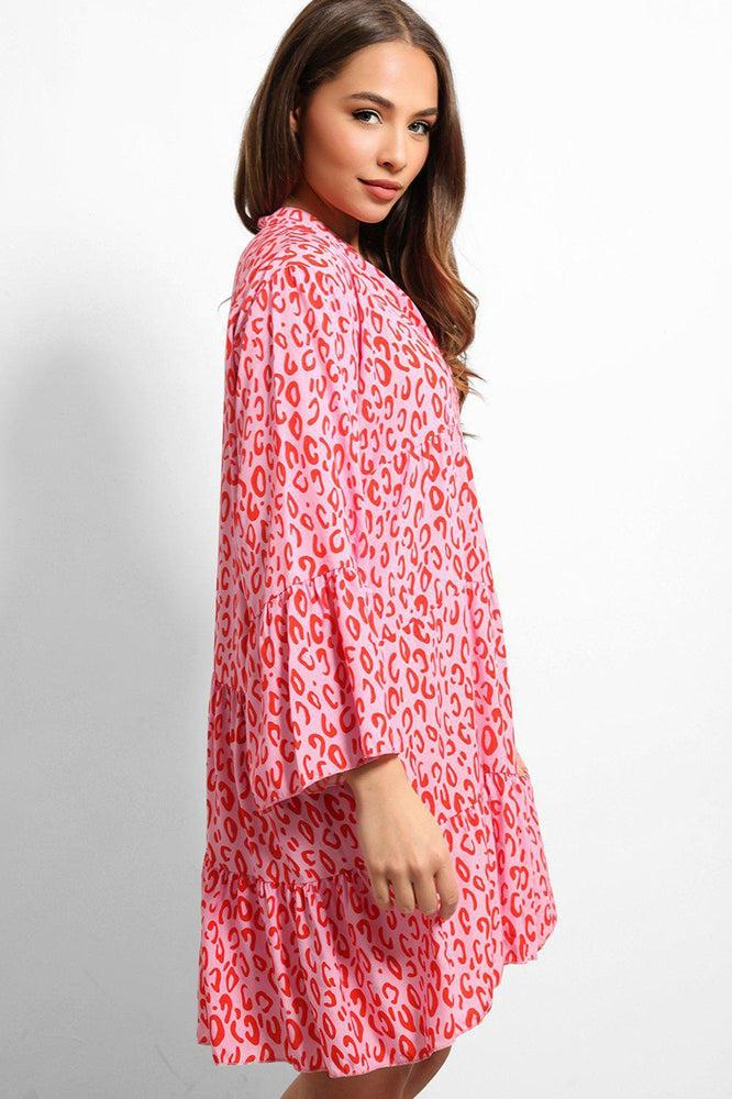 Pink Leopard Print V-Neck Tiered Dress-SinglePrice