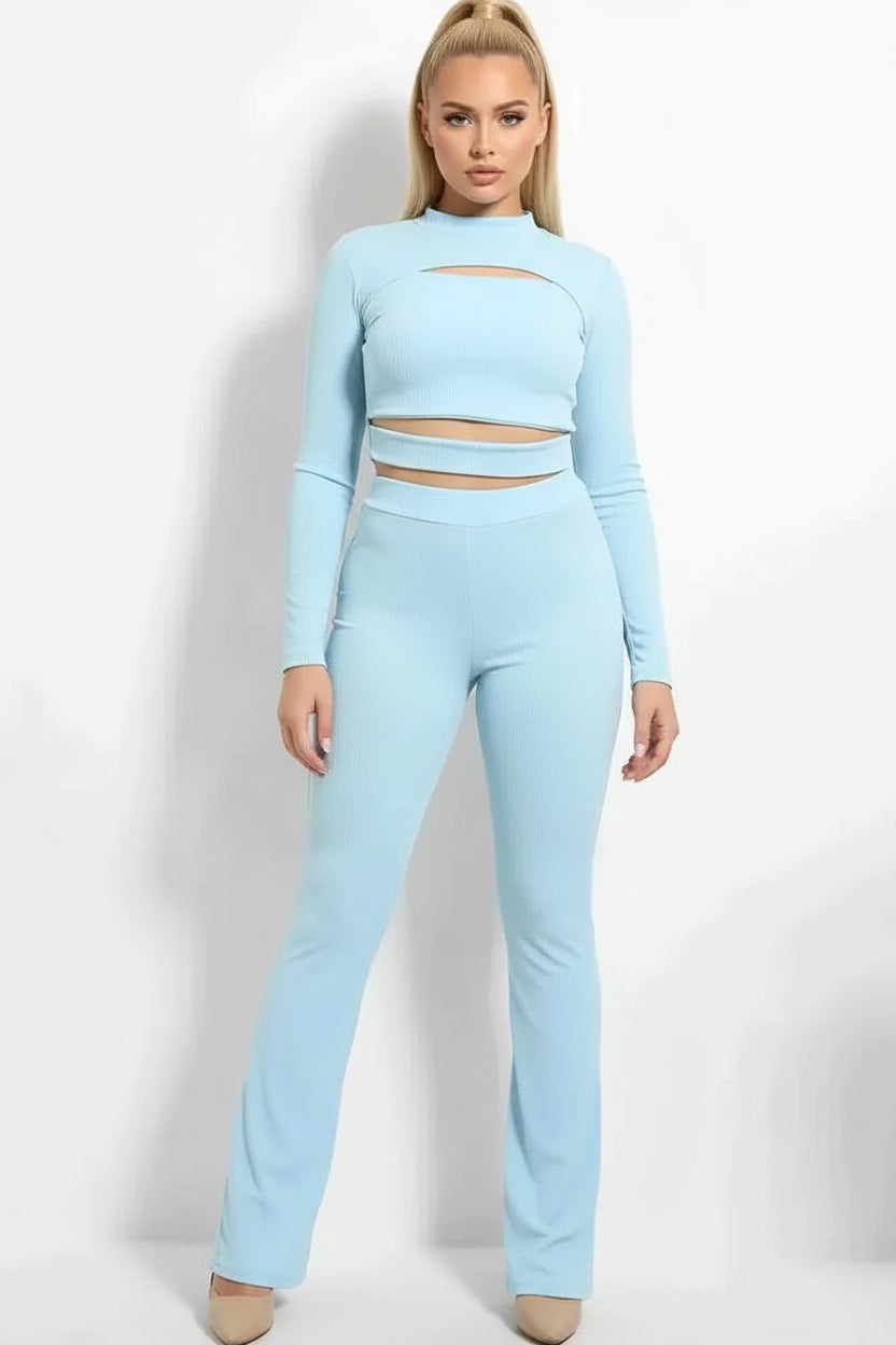 Ribbed Jersey Cut Out Details Crop Top And Trousers Set-SinglePrice