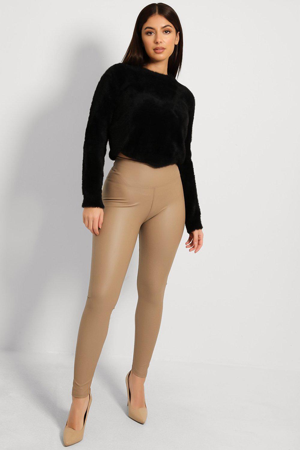 Beige Vegan Leather Fleece Lined Leggings-SinglePrice