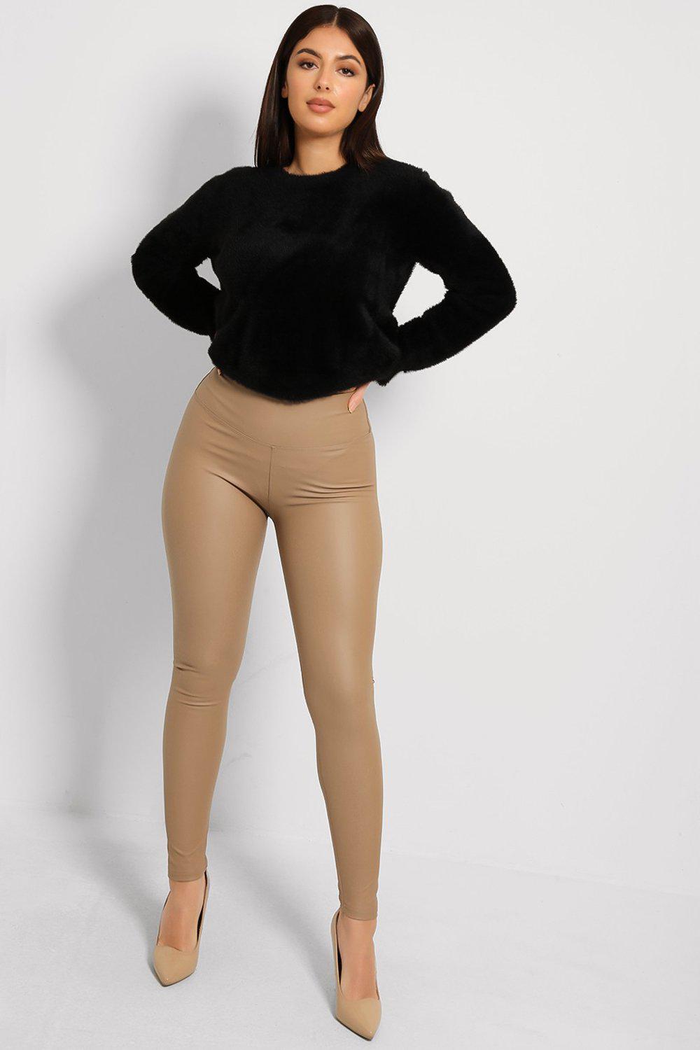 Beige Vegan Leather Fleece Lined Leggings-SinglePrice