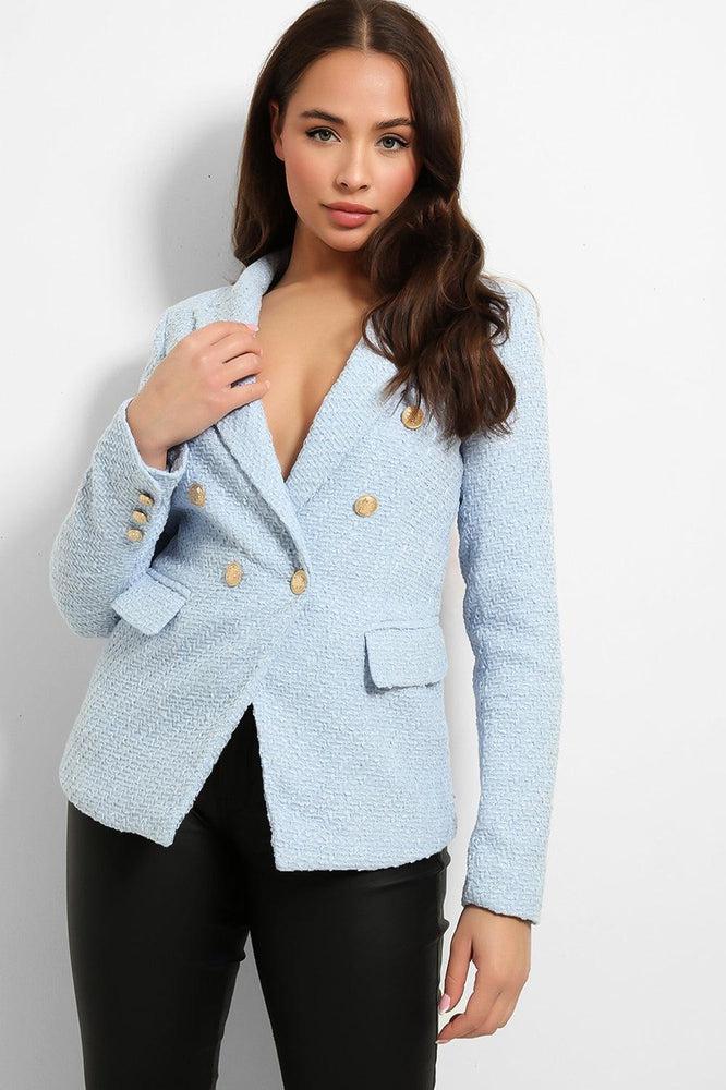 Gold Military Buttons Boucle Double Breasted Blazer-SinglePrice