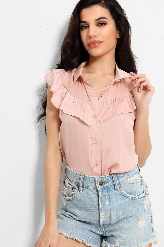 Crushed Satin Frill Details Sleeveless Shirt-SinglePrice
