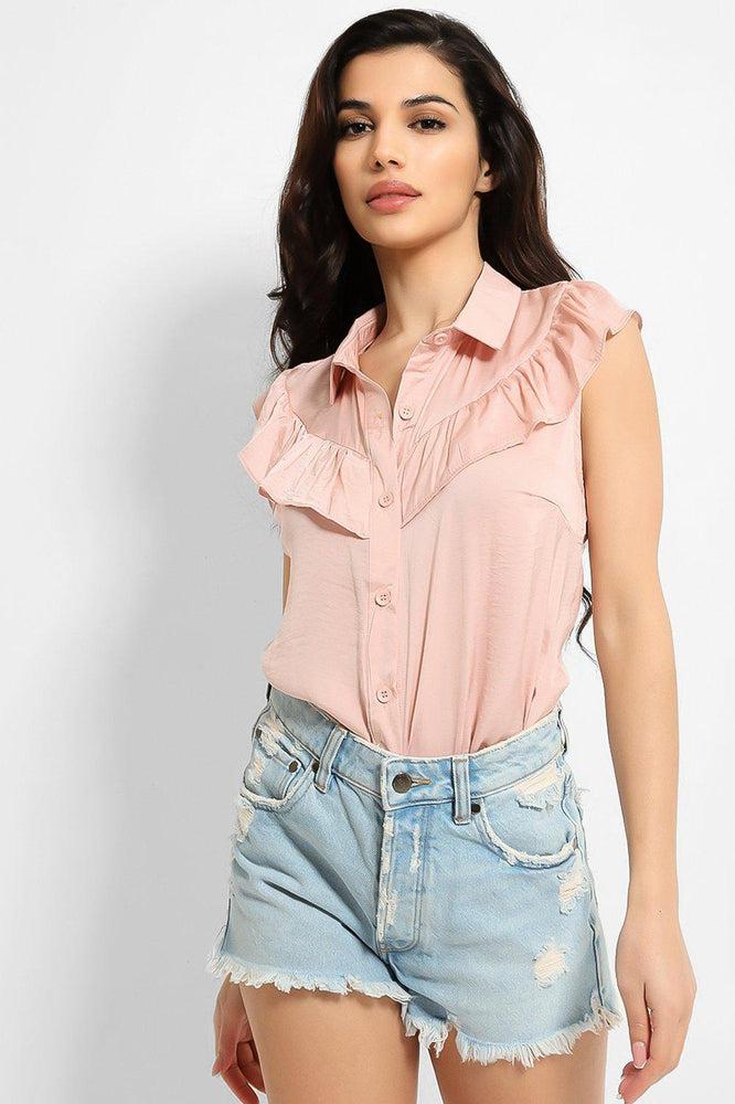 Crushed Satin Frill Details Sleeveless Shirt-SinglePrice