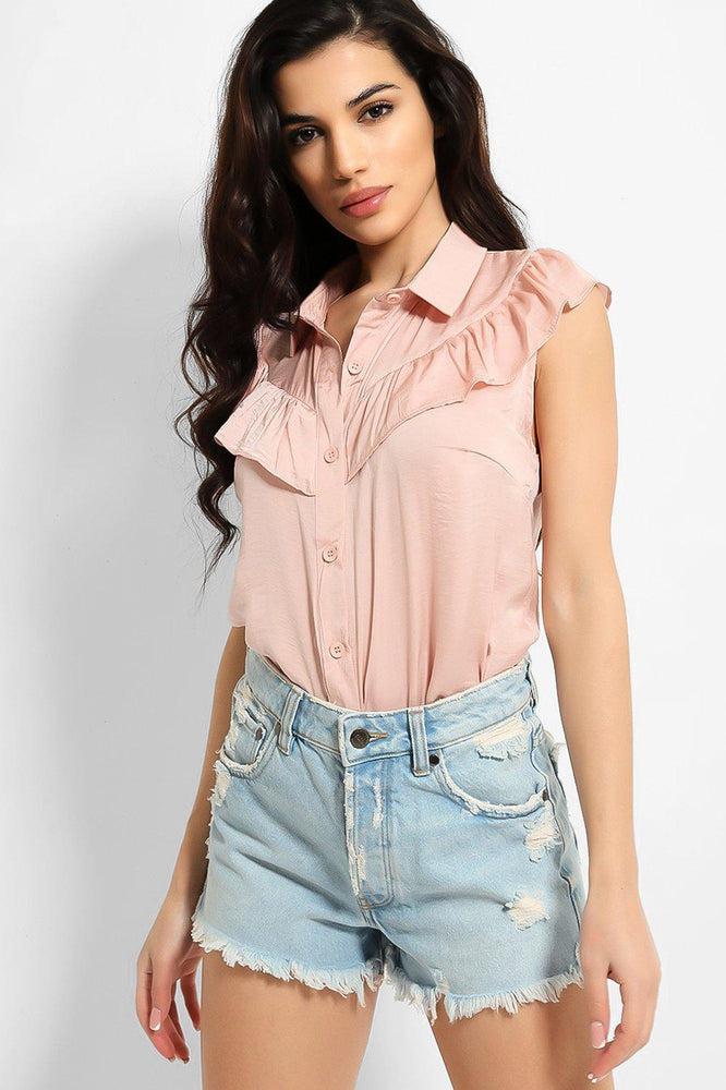 Crushed Satin Frill Details Sleeveless Shirt-SinglePrice