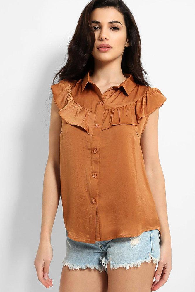 Crushed Satin Frill Details Sleeveless Shirt-SinglePrice