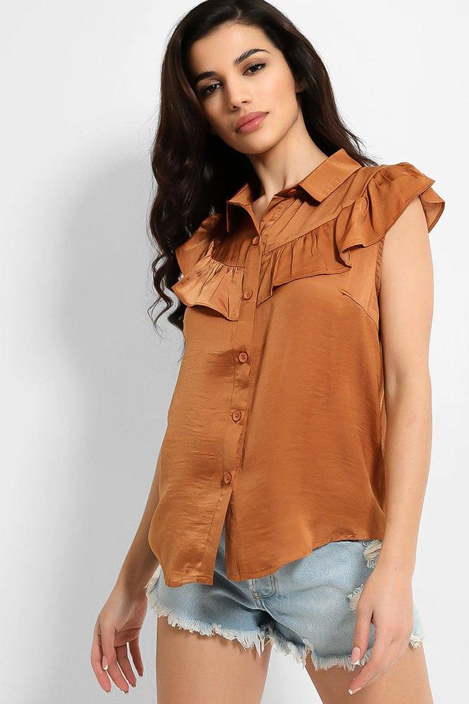 Crushed Satin Frill Details Sleeveless Shirt-SinglePrice