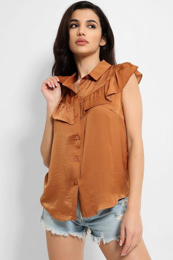 Crushed Satin Frill Details Sleeveless Shirt-SinglePrice