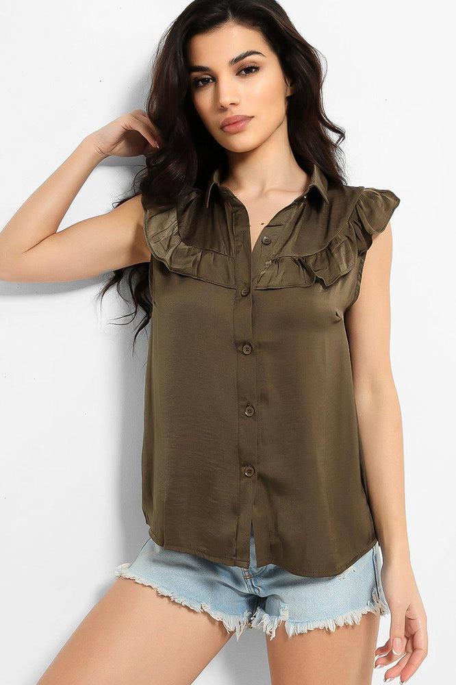Crushed Satin Frill Details Sleeveless Shirt-SinglePrice
