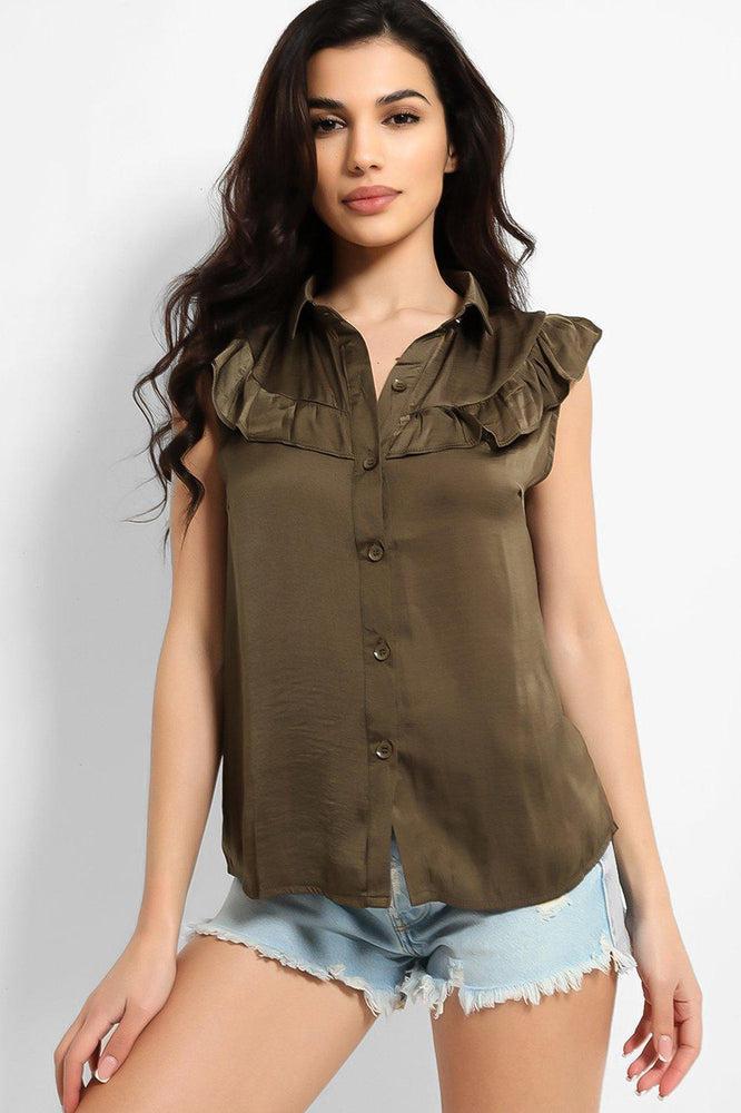 Crushed Satin Frill Details Sleeveless Shirt-SinglePrice