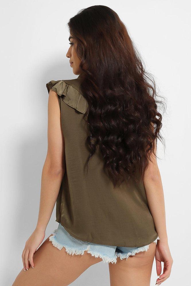 Crushed Satin Frill Details Sleeveless Shirt-SinglePrice