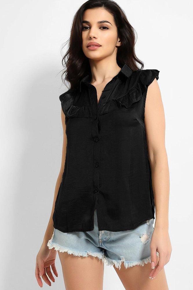 Crushed Satin Frill Details Sleeveless Shirt-SinglePrice