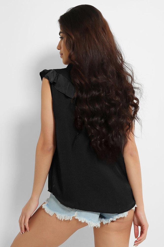 Crushed Satin Frill Details Sleeveless Shirt-SinglePrice
